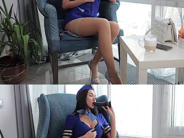 Hawt Stewardess Works her Anal opening and Rides a Ramrod - Anal Creampie