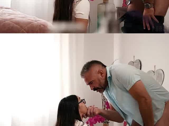 Sassy Brunette Takes Cum On Her Glasses After Servicing Stepdaddys Cock - Madison Wilde And Charles Dera