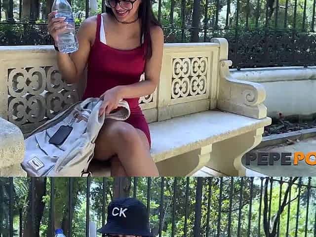Brunette hair Latin tourist chick licks a dong in public in Seville