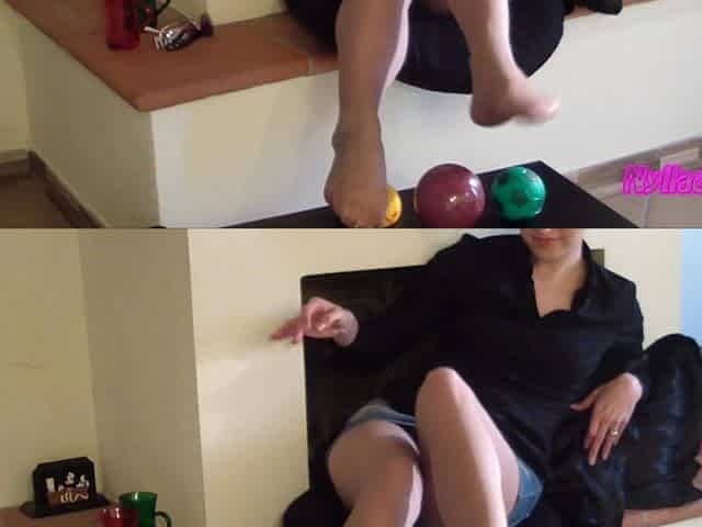 Nyllady Squeezes Rubber Balls Massaging Her Hosed Feet