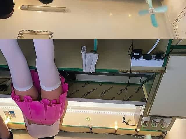 18 yo girl working in white stockings pearl thongs pink mini skirt and braless for extra cash.MP4