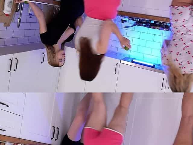 Three girlfriends doing housework or sucking dick?