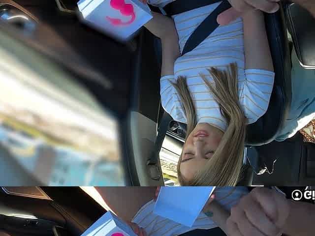 Sexy blonde girl with nice tits pleases her pussy with her new vibrator in a car