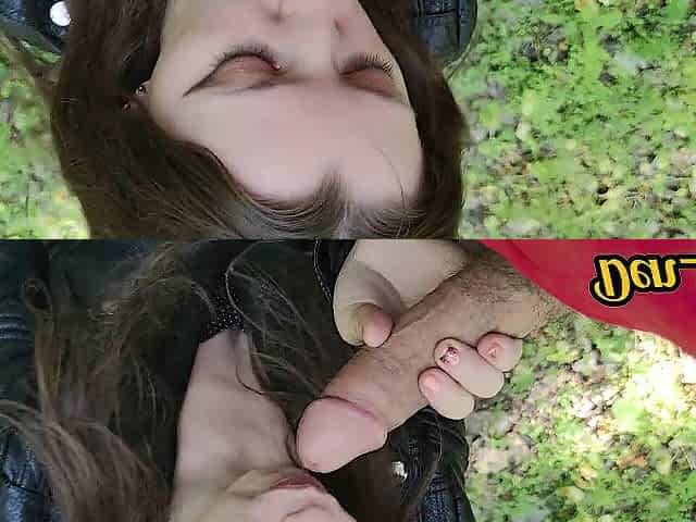 ass slam and gentle blow job in the woods with a cute gal in a leather jacket cute face is flooded