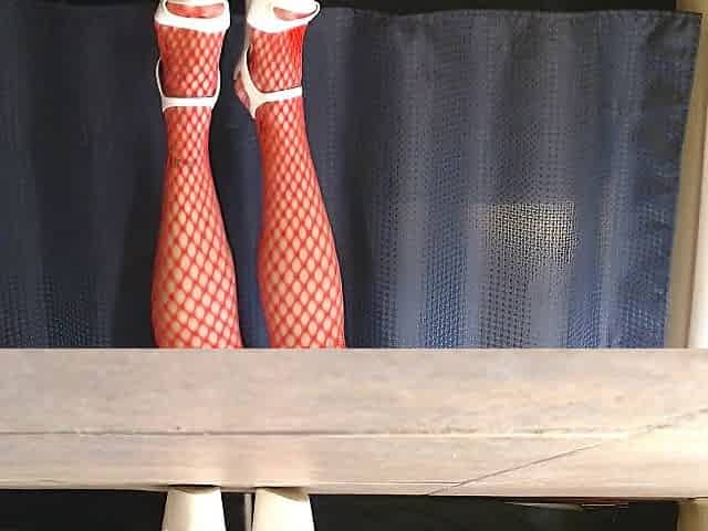 Hawt Spiked White High Heels Red Fishnet Nylons