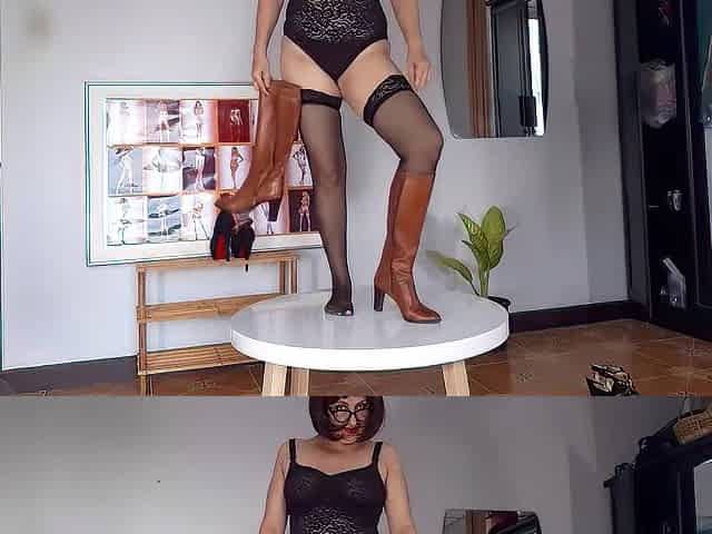 Regina Noir trying on high heels. Striptease in darksome underware and nylons 6