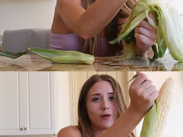 Dirty solo model Audrey spreads her legs to ride a large corn