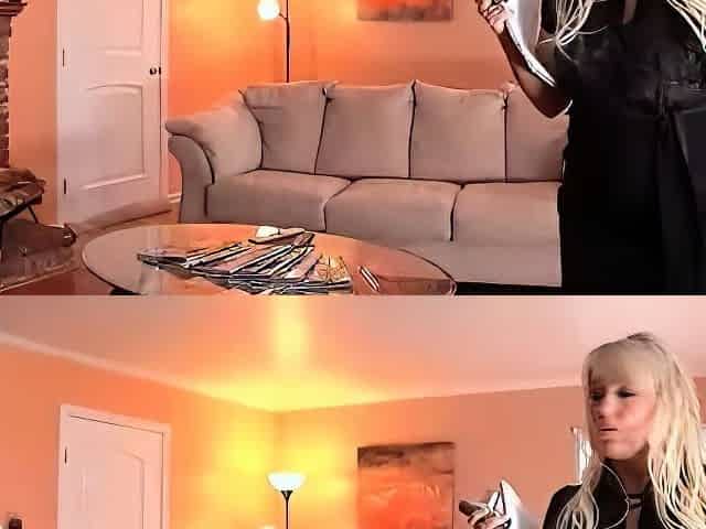 Blonde bitch with big boobs fucking two cocks