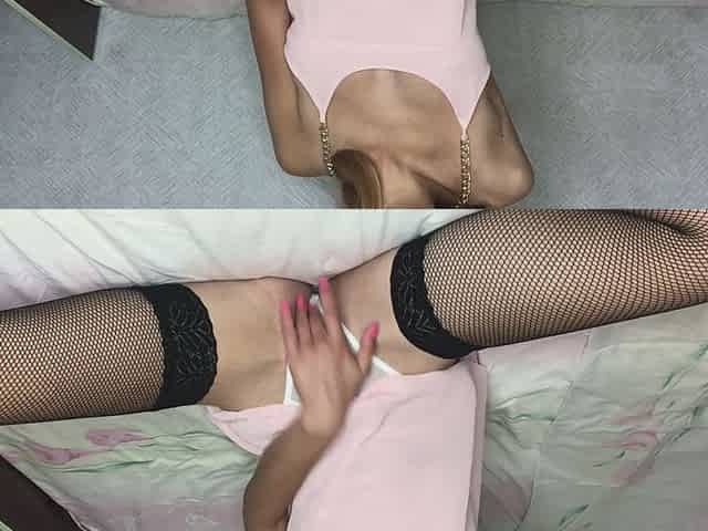 Excited Girl in Pajamas & Stockings Cums From Fingers