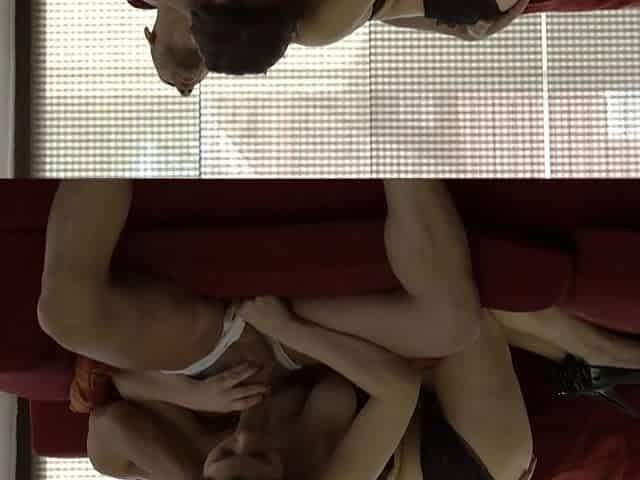 Brunette Babe Deepthroats Massive Cock on Red Couch