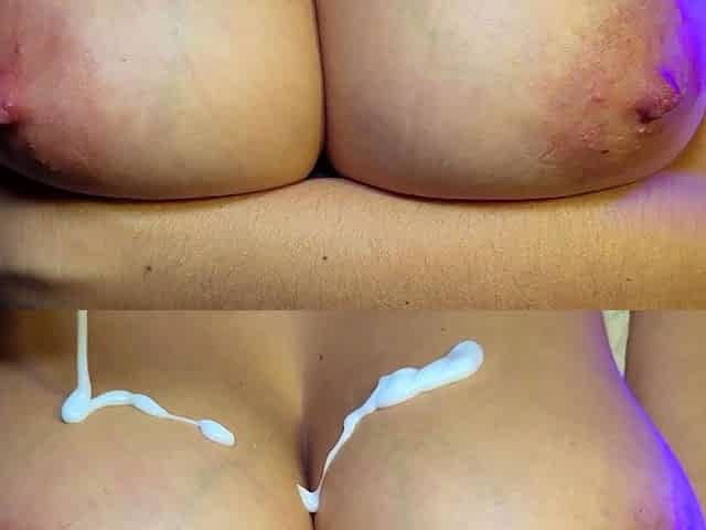 Massive tits brunette makes me cum between her boobs