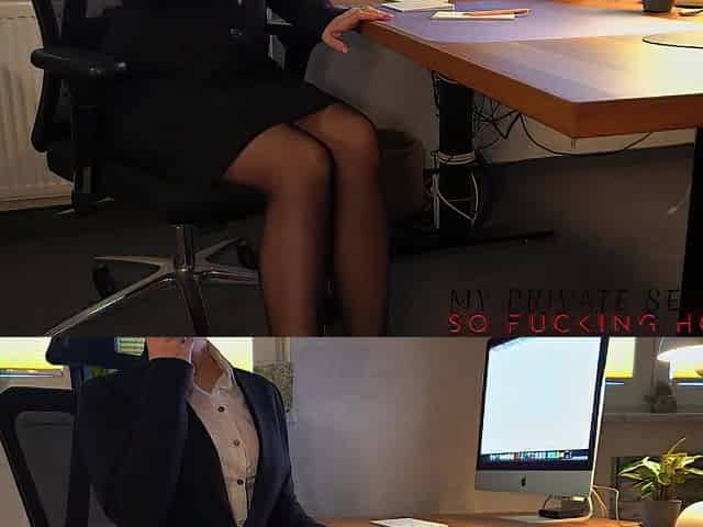 serious business woman in office costume ripping off her stockings for solo play