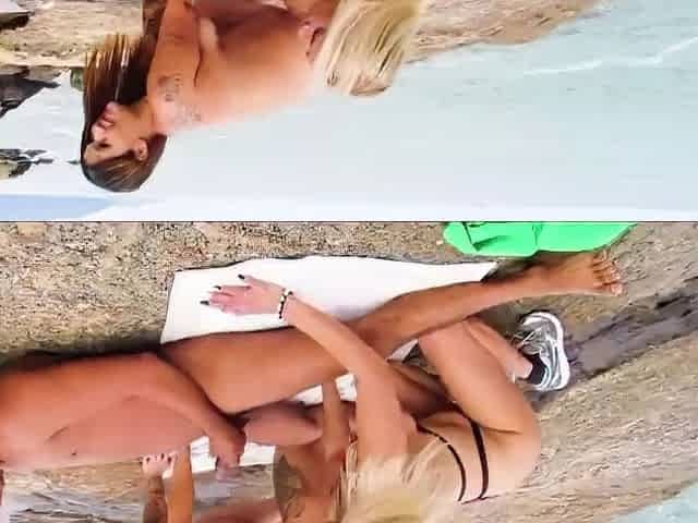 Married redhead and nasty golden-haired get undressed on the beach.