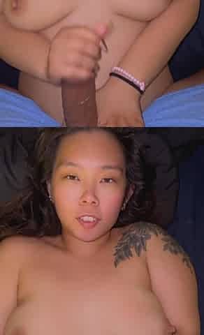 Freaky Asian Slut Giving Handjob and Titty Fucking Huge Cumshot on Big Boobs