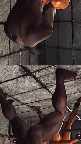 Hot ebony with many boobs in restrains is ready for intense anal sex