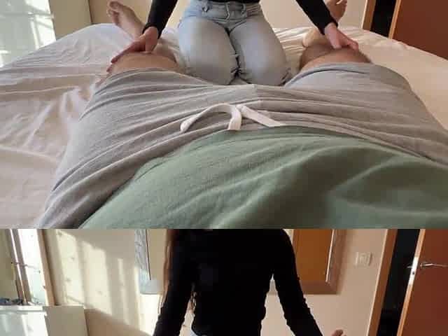 Stepdaughter gives stepfather a tugjob, wearing jeans