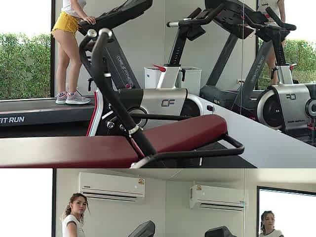 SMALL ORIENTAL TEEN PERSPIRED GYM WORKOUT TURNS INTO HARD BANG