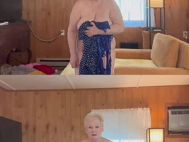 Big Tits Gilf Tries On Sexy Blue Bodysuit