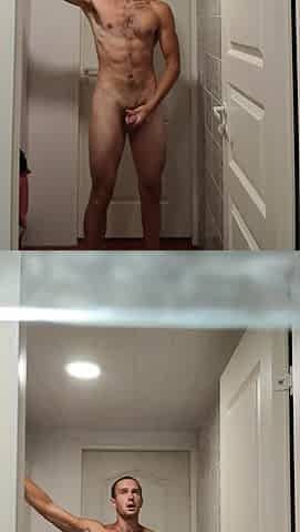 Russian chap jerks his oily knob backwards and cum a creamy load!