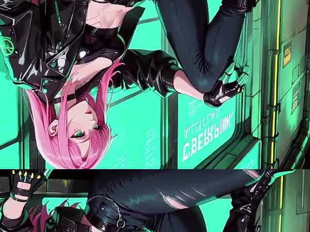 AI-generated- Pink-Haired Leather Tech! Intimate vibes in a neon-lit cyber corridor.