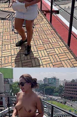 Topless exhibit en tanga en la terraza y me gritan para saludarlos con mis tetotas en viaducto