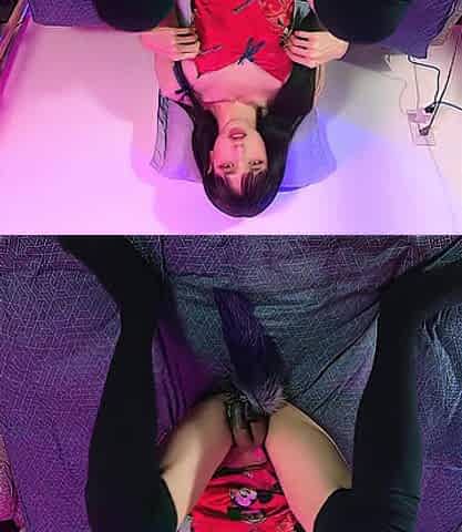 Concupiscent femboy masturbates and cums hard with a sex toy whilst playing with her teats