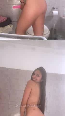Before taking a bath, she puts a dildo in her Beautiful