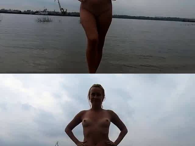 Naked Autumn River Walk with a Blonde Beauty