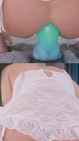 Ass Stretched with Big Dragon Toy and Pussy Fucked with Sexmachine