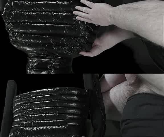 Large Spunk flow on my Girlfriend's Luxurious Ebony 'R' Super soft Shiny Down Jacket !!