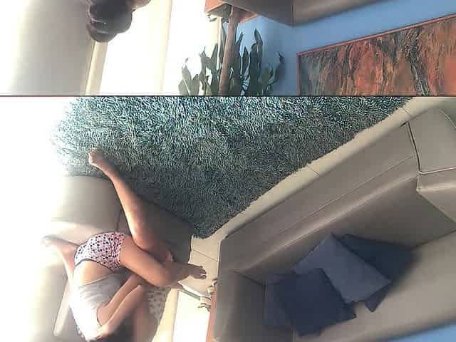 Giving a kiss with my neighbour on the bed, we take off our shirts and scissor