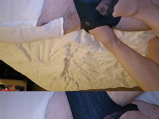 Amateur wife gives spouse footjob as this babe's on her period. Makes him cum on her hawt socks