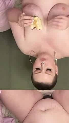 BBW Feedee stuffs her face and her pussy