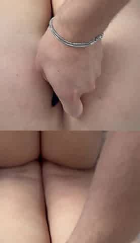 Doggyfuck with buttplug in her small butt and snatch rubbing whilst banging from behind - Giant spunk flow
