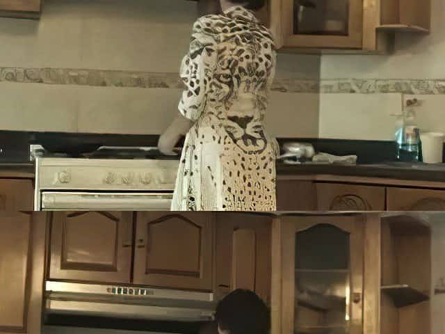 Breasty woman is getting screwed in the kitchen whilst wearing her animal printed summer costume