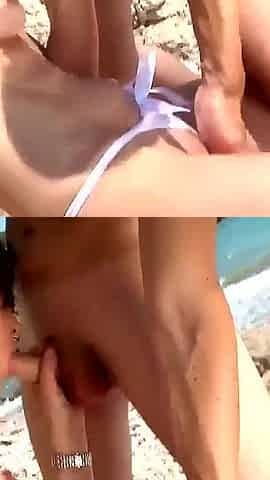 Sex-experienced woman a whore with minimal boobs and brown hair likes to get horny and pleasured on a beach