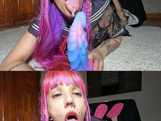 Spit Ahegao Anal - Rainbow Hair Braids Riding in Dragon Cock