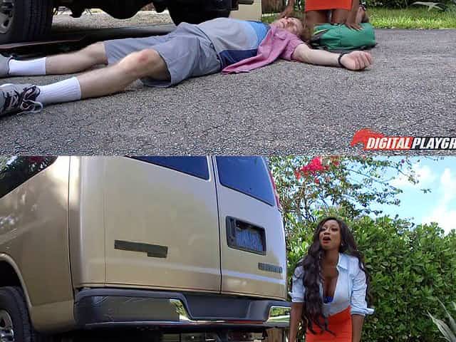 Black chick with massive breasts rides a white dick in the van