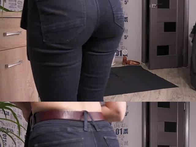 Booty Teasing In Constricted Blue Jeans And Full Back Pants