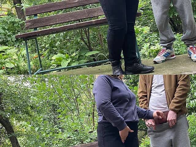 Cum on big ass MILF in jeans in the park