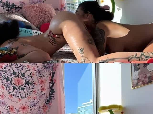 Two sexy brunette lesbians licking each others pussies