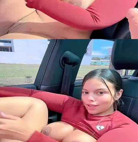 Busty and chubby cute teen amateur solo in car