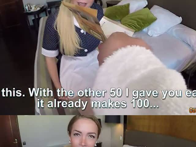 Lured with some cash busty maid Paola Guerra works on guest's cock