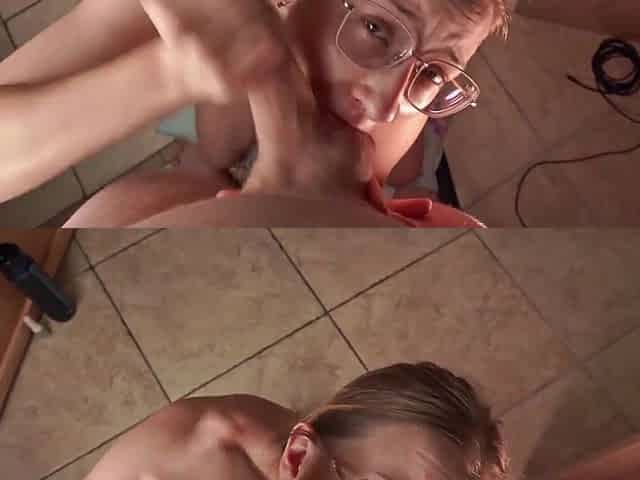 Horny blonde MILF sucks my cock until I cover her pretty face with my nut