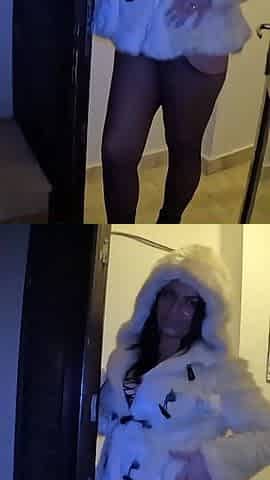 Risky Outdoor & Indoor Blowjob in Stockings & White Fur Coat Messy Cum Finish 297