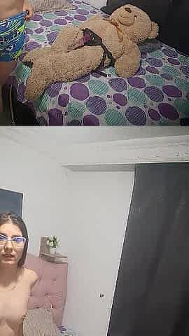The delicate beauty puts the harness on her teddy bear and rides him in her room