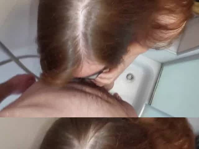 Shower oral POV - Redhead can't take my large knob in her petite throat, deepthroat attempt
