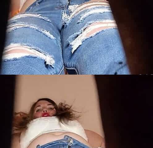 Brunette with foot fetish rubs big dick with her feet in POV