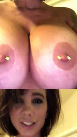 Busty curly brunette with big boobs fucks on couch
