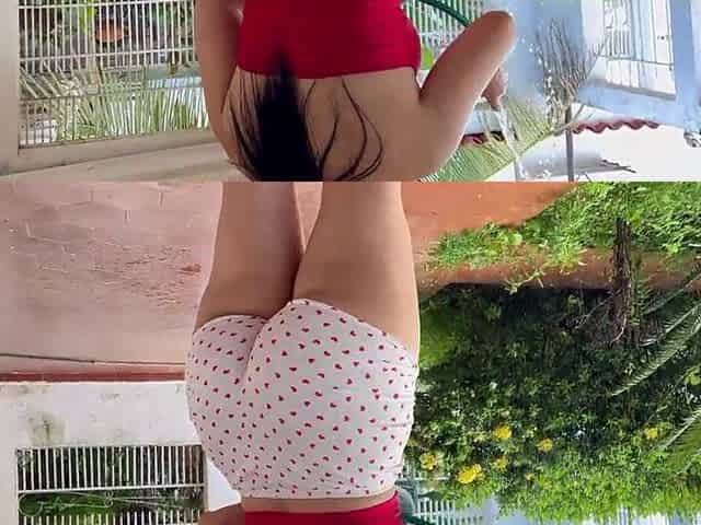 MY STEPMOTHER WATERING THE PLANTS IN SHORTS WITH HER MASSIVE BOOTY